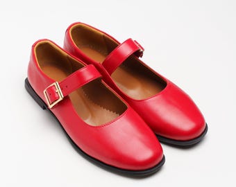 Joplin: Women's Red Leather Square Toe Mary Jane Flats, Soft Square Ballet Shoes, Everyday Strap Shoes, Handmade and Customizable