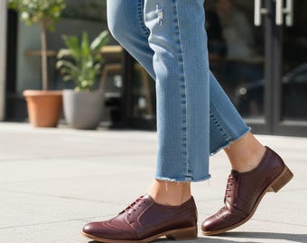 Hendrick: Women’s Burgundy Leather Oxford Shoes – Wingtip Brogues, Lace-Up Dress Flats, Handmade and Customizable