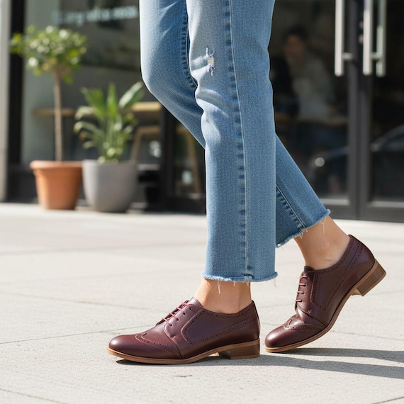 Hendrick: Women's Burgundy Leather Oxford Shoes – Wingtip Brogues, Lace-up Dress Flats, Handmade and Customizable