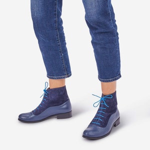 Armada - Women&#39;s navy dress boots, lace-up oxford boots with blue suede accents and sleek black soles, fully handcrafted and customizable