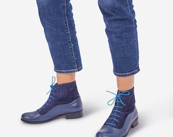 Armada: Women's Handcrafted Navy Leather Lace-up Boots, Blue Suede Oxford Boots, Customizable