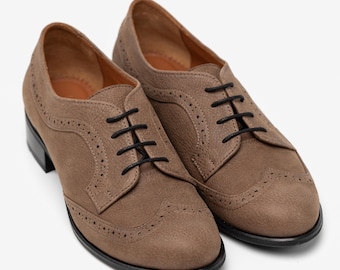 Astoria: Women’s Brown Nubuck Leather Wingtip Oxford Shoes – Lace-Up Brogue Style, Customizable & Handmade