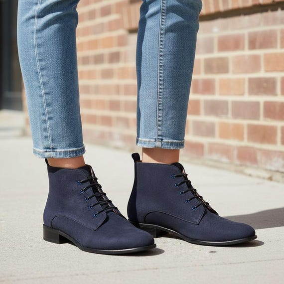 Burton: Women's Navy Nubuck Ankle Boots – Minimalist Lace-up Burton: Women's Navy Nubuck Ankle Boots – Minimalist Lace-up