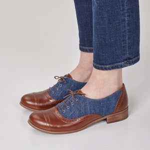 Boggart - Women&#39;s brown oxfords with denim canvas,  casual leather brogues with textile accents, fully handcrafted and customizable