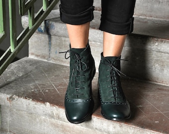 Armada: Women’s Dark Green Leather Ankle Boots – Suede Balmoral Lace-Up Booties, Handmade and Customizable