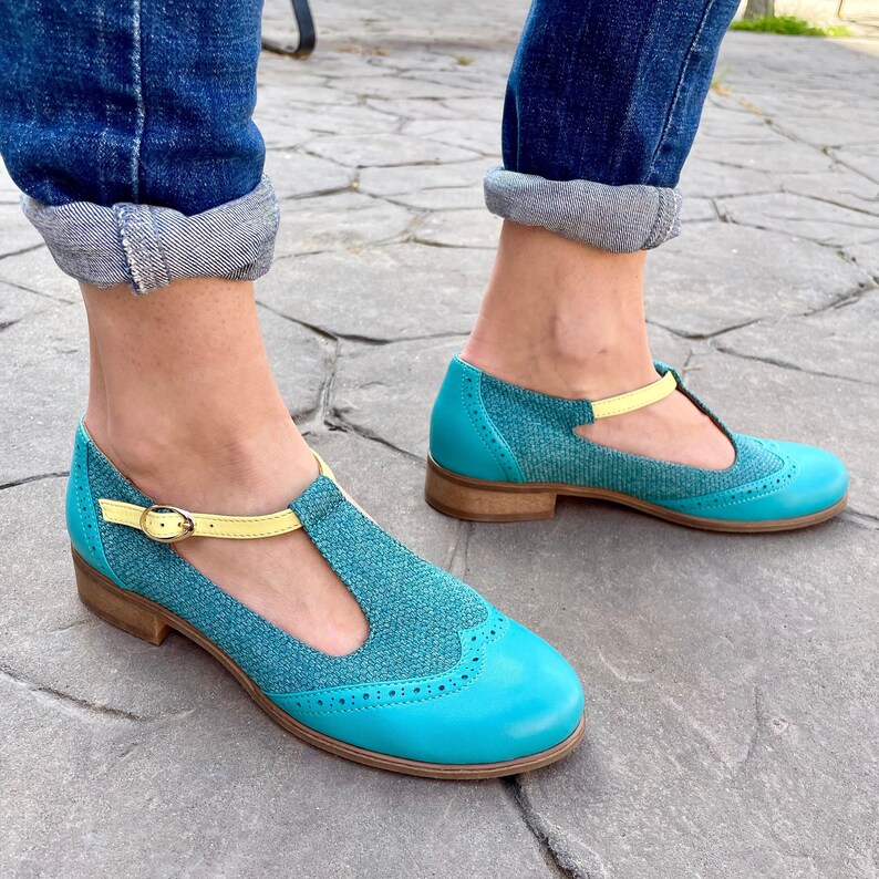 Jane Women's Mary Janes, Turquoise Leather Mary Janes, Vintage Shoes, Teal Mary Jane shoes, Custom Shoes, FREE customization image 2