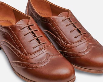 Lenox: Women’s Brown Leather Oxford Shoes – Classic Wingtip Brogues, Lace-Up Dress Flats, Handmade and Customizable