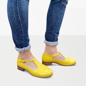 Jane Women's Mary Janes, Perforated Leather Mary Janes, Vintage Shoes, Yellow Summer shoes, Custom Mary Janes, FREE customization image 4