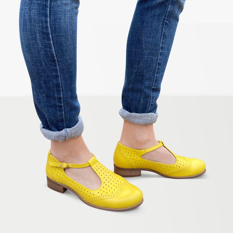 Jane Women's Mary Janes, Perforated Leather Mary Janes, Vintage Shoes, Yellow Summer shoes, Custom Mary Janes, FREE customization image 4