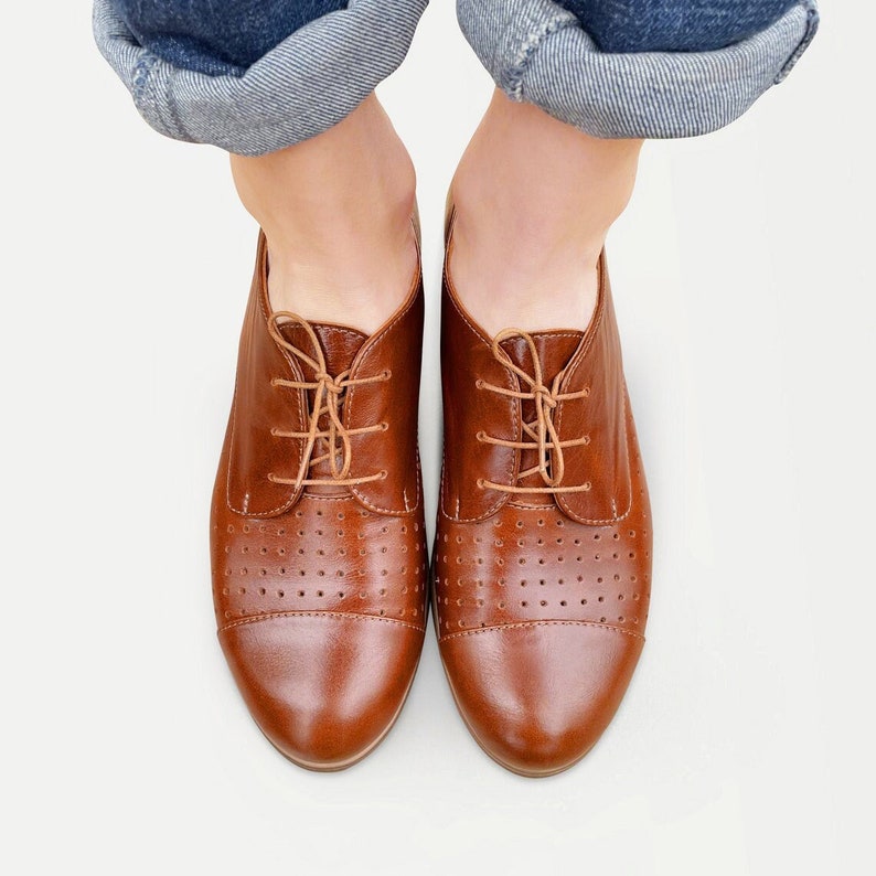 Vernon Womens Perforated Leather Oxfords, Classic Handmade Shoes, Brown shoes, Custom Shoes, FREE customization image 1