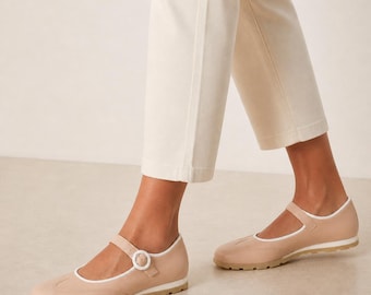 VERONA : Mary Jane Ballerinas in Altrosa Leder mit Weißer Paspel, Knöchelriemen Sneakerina Schuhe, Handgemacht und anpassbar