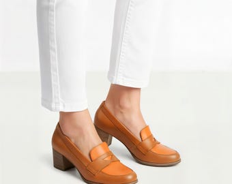 Richmond Pumps: Women's Handcrafted Leather Heeled Loafers, Brown & Orange Color Block Shoes, Customizable
