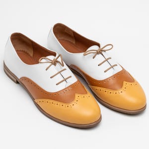 Venice - Women's Leather Oxford Shoes, White & Sunny Brown Two-Tone shoes, vintage style lace-up brogues, handmade and customizable