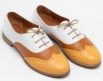 Limehouse: White and Mustard Leather Oxford Shoes - Handcrafted Brogue Flats, Customizable