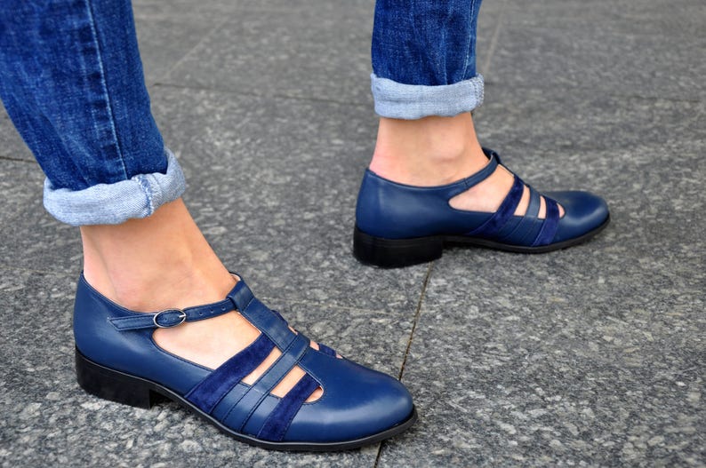 60s Navy Blue T Strap Shoes Blue Leather Mod Heels 60s