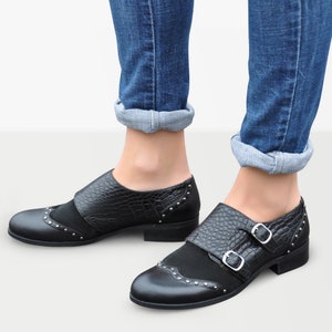 Baron Double Monk Strap Shoes for Women, Black Leather Shoes, Croc ...