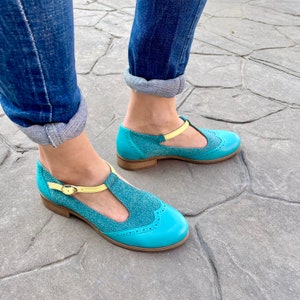 Jane Women's Mary Janes, Turquoise Leather Mary Janes, Vintage Shoes, Teal Mary Jane shoes, Custom Shoes, FREE customization image 4