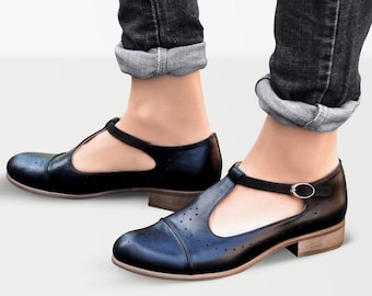 Jane: Women’s Black Leather Mary Jane Shoes – Suede Strap, Perforated Dress Flats, Handcrafted and Customizable