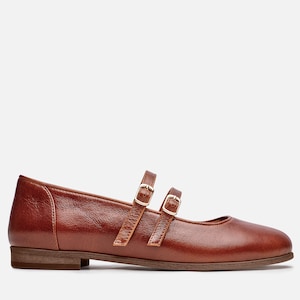 Emily: Women’s Brown Leather Mary Jane Flats – Double Buckle Ballerinas, Handcrafted and Customizable