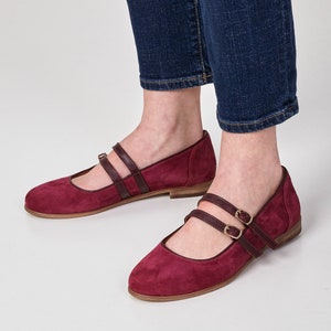 Emily Flats, Women's flats, Flat Sandals, Mary Jane straps, Burgundy shoes, Ballet flats, Red Sandals, FREE customization image 1