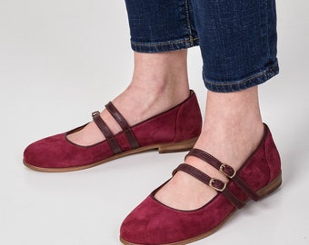 Emily - Flats, Women's flats, Flat Sandals, Mary Jane straps, Burgundy shoes, Ballet flats, Red Sandals, FREE customization!!!