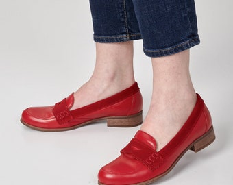 Richmond - Womens Loafers, Penny Loafers, Mask Loafers, Red Leather Shoes, Red Loafers, Summer Shoes, FREE customization!!!