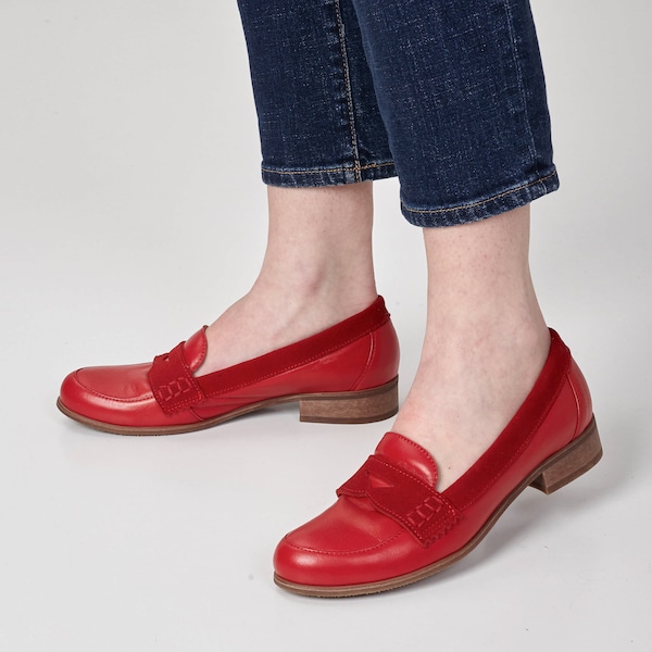 Richmond - Womens Loafers, Penny Loafers, Mask Loafers, Red Leather Shoes, Red Loafers, Summer Shoes, FREE customization!!!