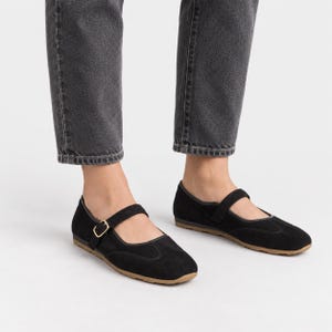 Verona: Women's Handcrafted Black Suede Mary Jane Shoes, Sneakerina Flats with Instep Strap, Customizable