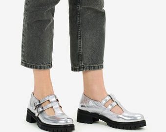 Buxton - Women's Mary Jane Shoes, chunky Mary Janes, Retro Shoes, T-strap Silver Mary Jane shoes, Double Strap Janes, FREE customization!!!