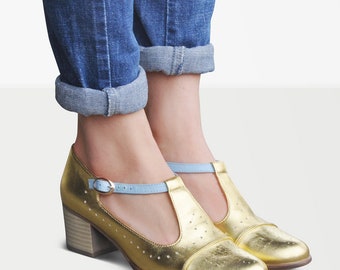 Jane Pumps - Women&#39;s t-strap Mary Janes in gold leather, dress shoes with block heels for special occasions, fully handmade and customizable