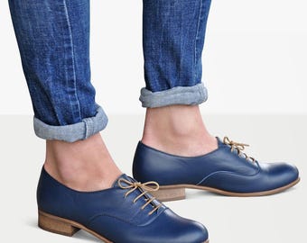Lenox: Handcrafted Navy Leather Oxfords – Women's Lace-Up Flats