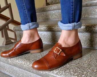 Duke: Women's Brown Leather Monk Strap Shoes – Buckle Dress Shoes, Handmade & Customizable