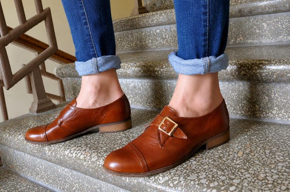 Duke: Women's Brown Leather Monk Strap Shoes – Buckle Dress Shoes, Handmade & Customizable