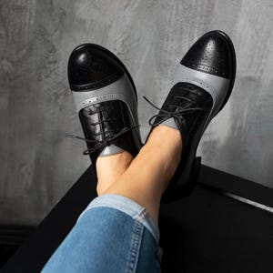 Hudson - Women&#39;s Black and Grey Oxford Shoes, Two Tone Brogues, Classic Lace-Up Leather Shoes, Vintage Inspired, Handmade and Customizable