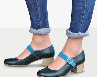 Joplin Pumps: Women's Handcrafted Dark Green Leather Mary Jane Shoes – Turquoise Strap, Block Heels