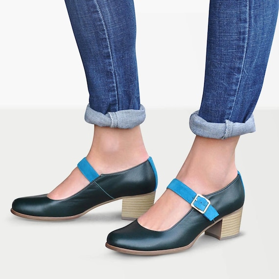 Joplin Pumps: Women's Handcrafted Dark Green Leather Mary Jane Shoes – Turquoise Strap, Block Heels