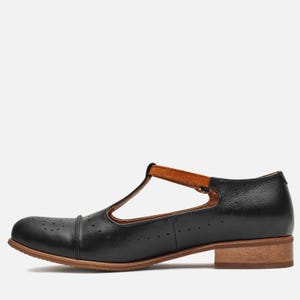 May include: Black leather t-strap shoes with a brown leather strap and a low block heel.