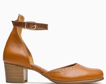 Delray: Women's Handmade Brown Leather Heeled Sandals - Ankle Strap, Closed-Toe