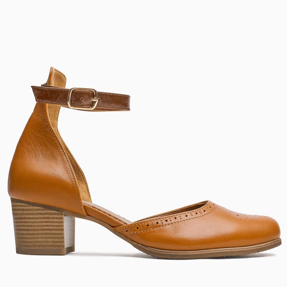 Delray: Women’s Brown Leather Heeled Sandals – Closed-Toe, 2" Block Heel Ankle Strap Shoes, Handmade and Customizable