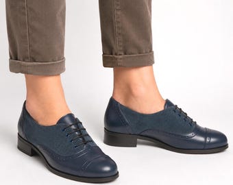 Boggart: Navy Leather & Corduroy Oxford Shoes – Women's Textured Brogues, Handmade Lace-Up Flats, Customizable