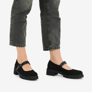 Joplin - Women&#39;s black retro shoes, suede Mary Jane shoes with chunky platform soles, Jazz Age shoes, fully handcrafted and customizable