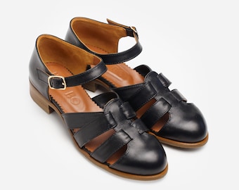 Harper: zwarte leren Mary Jane-sandalen, platte schoenen met gesloten neus, enkelbandschoenen, handgemaakte zomersandalen voor dames, comfortabele lage hak
