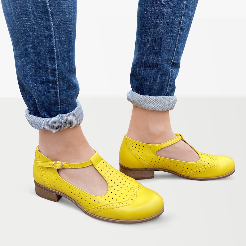 Jane Women's Mary Janes, Perforated Leather Mary Janes, Vintage Shoes, Yellow Summer shoes, Custom Mary Janes, FREE customization image 1