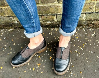 Pershing: Handgefertigte Oxford-Schuhe für Damen aus Leder und Bast, Slipper mit dicker Sohle, personalisierbar