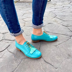 Hendrick Womens Leather Derbys, Brogued Oxfords, Fringe shoes, Vintage Shoes, Turquoise Shoes, Derby Shoes, FREE customization image 3