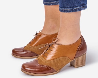 Morgan: Two-Tone Leather & Suede Oxford Brogues - Retro Block Heels, Dress Shoes for Office