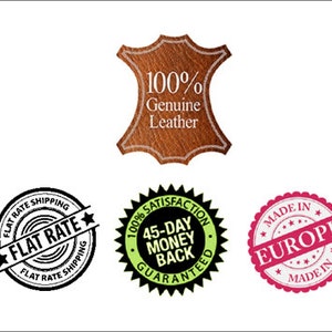 Puede incluir: Un emblema marr&oacute;n con forma de cuero con el texto "100% Cuero Genuino". Debajo, tres sellos circulares: uno con "Env&iacute;o de Tarifa Plana", otro con "100% Satisfacci&oacute;n Garant&iacute;a de devoluci&oacute;n de 45 d&iacute;as", y un tercero con "Hecho en Europa".