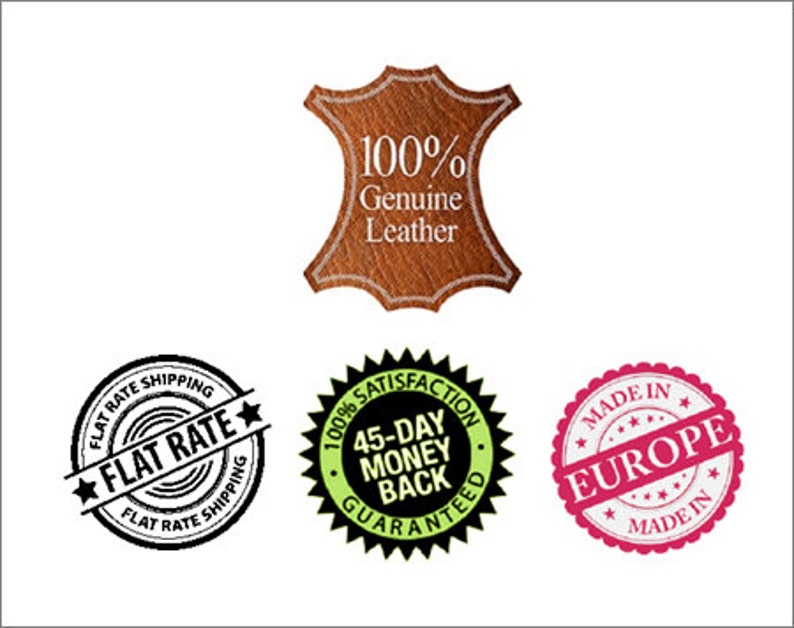 Puede incluir: Un emblema marr&oacute;n con forma de cuero con el texto "100% Cuero Genuino". Debajo, tres sellos circulares: uno con "Env&iacute;o de Tarifa Plana", otro con "100% Satisfacci&oacute;n Garant&iacute;a de devoluci&oacute;n de 45 d&iacute;as", y un tercero con "Hecho en Europa".