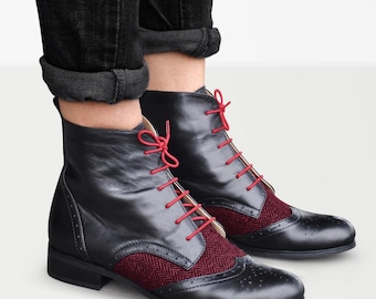 Regent: Women's Handcrafted Black Leather Brogue Booties - Red Herringbone Tweed Ankle Boots