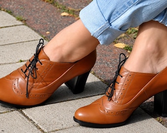 Kent: Women's Cognac Brown Leather Oxford Brogue Heels - Lace-Up Block Heel Dress Shoes